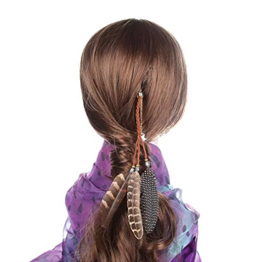 Handmade Bohemian Feather Hair Extension Clip with Beads & Chains